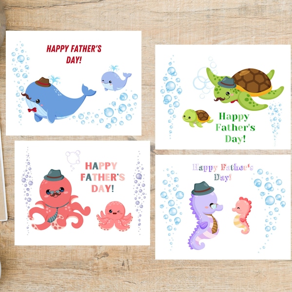 Father's Day Sea Animals | 4 Postcards | Thick Cardstock | For sending a postcard to a friend | octopus whale calf seahorse turtle