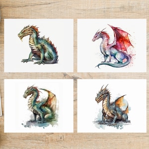 Conjunto de cartões postais de dragões coloridos em aquarela | 4 cartões postais | Cartão grosso 130 | Para correio tradicional, troca de cartões postais e envio de cartões postais