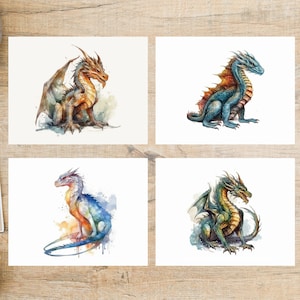 Set de cartes postales aquarelle dragons colorés | 4 cartes postales | Papier cartonné épais 130 | Pour la poste, l'échange de cartes postales et l'envoi de cartes postales