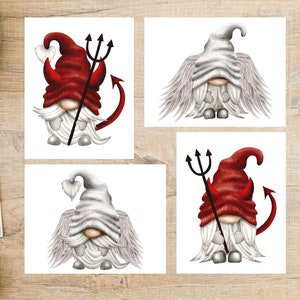 May include: Four digital printable images of gnomes. Two gnomes are dressed as devils with red hats, horns, and a pitchfork. Two gnomes are dressed as angels with white hats and wings.