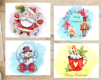 Christmas Postcard Set | 4 Postcards | 130 Thick Cardstock | snowman, nutcracker, santa, snow globe, hot cocoa, candy cane, presents