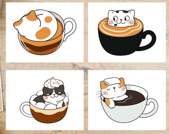 Coffee Cats Postcard Set | 4 Postcards | 130 Thick Cardstock | cat, kitten, latte, espresso, cup, mug, feline, kitty, whipped cream