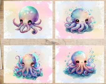 Ensemble mignon de cartes postales de poulpe arc-en-ciel | 4 cartes postales | Papier cartonné épais 130 | Idéal pour les échanges de cartes postales comme Postcrossing ou Postcard United