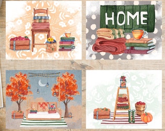 May include: Four watercolor illustrations featuring cozy autumn scenes. The first shows a chair with blankets and books, the second shows a sign that says "HOME" with blankets and books, the third shows a bed with blankets and books under a canopy of trees, and the fourth shows a ladder with blankets and boots.