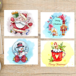 Set di cartoline di Natale / 4 cartoline / cartoncino spesso 130 / pupazzo di neve, schiaccianoci, Babbo Natale, palla di neve, cioccolata calda, bastoncino di zucchero, regali