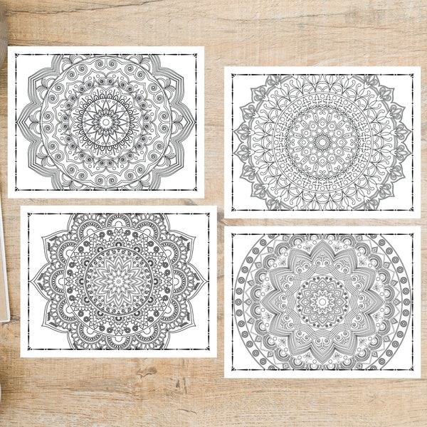 Mandala Postcard Set | 4 Postcards | 130 Thick Cardstock | Color Me Coloring Postcard Black and White