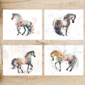 Ensemble de cartes postales florales chevaux | 4 cartes postales | Papier cartonné épais 130 | Pour des échanges de cartes postales, des correspondants, des échanges de cadeaux, des amateurs de chevaux et plus encore !