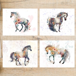 Floral Horses Postcard Set | 4 Postcards | 130 Thick Cardstock | For postcard exchanges, pen pals, gift exchange, horse lovers, and more!