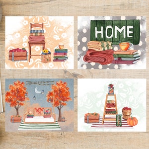 Cozy Fall Postcard Set | 4 Postcards | 130 Thick Cardstock | Autumn Tea Pumpkins Apples Swing Night Sky Yard Blankets Plaids Comfy Snuggle