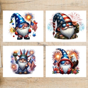 Set de cartes postales gnomes du 4 juillet | 4 cartes postales | fête de l'indépendance le 4 juillet feux d'artifice statue de la liberté gnomes