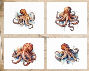Ensemble de cartes postales colorées de poulpe de style aquarelle | 4 cartes postales | Papier cartonné épais 130 | Idéal pour les échanges de cartes postales tels que Postcrossing !