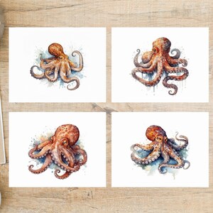 Ensemble de cartes postales colorées de poulpe de style aquarelle | 4 cartes postales | Papier cartonné épais 130 | Idéal pour les échanges de cartes postales tels que Postcrossing !