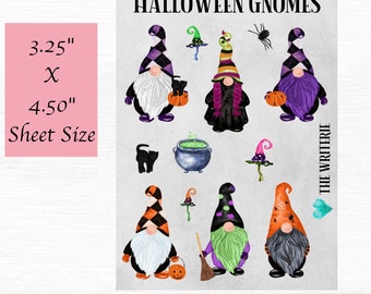 Hoja de mini calcomanías de gnomos de Halloween: la hoja mide 3,25" x 4,50"; cada calcomanía tiene un tamaño de 1,00" cuadrados o menos; ¡perfecta para amigos por correspondencia!