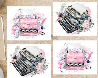 Vintage Watercolor Typewriter Postcard Set | 4 Postcards or notecards | 130 Thick Cardstock | For sending a note to a friend, family member