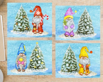 Christmas Gnomes Postcard Set | 4 Postcards | 130 Thick Cardstock | gnomes, snow, christmas tree, candy cane, winter, holiday, star, lantern