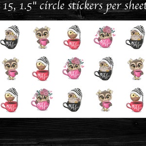 Stickers chouettes café | 15 autocollants par feuille | Cercles de 1,5 po. | Idéal pour décorer vos enveloppes, cartes postales et papier à lettres !