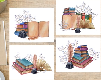 Watercolor Books and Flowers Postcard Set | 4 Postcards | 130 Thick Cardstock | For sending a postcard to a friend, family member