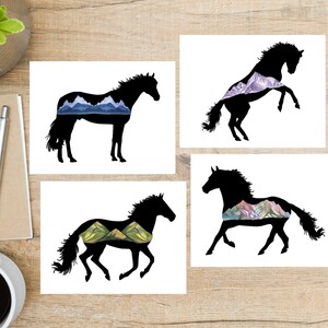 Ensemble de cartes postales de silhouettes de cheval | 4 cartes postales | Papier cartonné épais 130 | Pour envoyer une carte postale à un ami, Postcrossing, PostFun, etc.