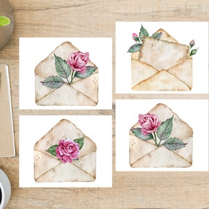 Set de cartes postales vintage enveloppe florale | 4 cartes postales | Papier cartonné épais 130 | Pour envoyer une carte postale à un ami