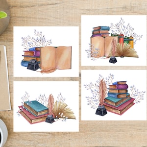 Aquarell Bücher und Blumen Postkarten Set | 4 Postkarten | 130 Dicker Karton | Zum Versenden einer Postkarte an einen Freund, Familienmitglied