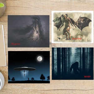 Juego de postales de criaturas críptidas... Folklore legendario / 4 postales / Cartulina gruesa de 130 g /