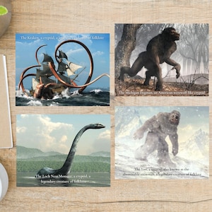 Jeu de cartes postales, créature des cryptides, folklore légendaire | 4 cartes postales | Papier cartonné épais 130 | Kraken, Loch Ness, Yeti, (Homme-loup-garou américain)