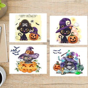 Set di cartoline di Halloween Cat / 4 cartoline / 130 cartoncini spessi - gatto nero, zucca di Halloween, zucca, gatto strega, pipistrelli, spettrale, gattino