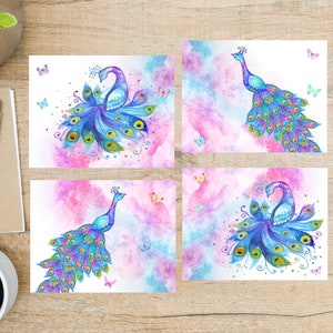 Peacocks and Butterflies Postcard Set | 4 Postcards or notecards | 130 Thick Cardstock | Send a lovely note to a friend!