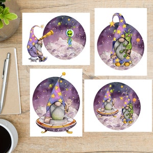 Conjunto de cartões postais Space Gnomes | 4 cartões postais | 130 cartões de papel grosso | Para enviar um cartão postal a um amigo