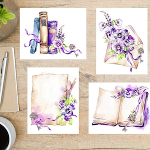 Aquarell Bücher und Briefe Postkarten Set | 4 Postkarten | 130 Dicker Karton | Zum Versenden einer Postkarte an einen Freund, Familienmitglied