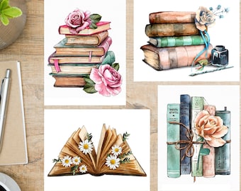 Books and Flowers 2 Postcard Set | 4 Postcards or notecards | 130 Thick Cardstock | For sending a note to a friend, family member