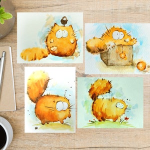 Lindo juego de postales de dibujos animados de gatos en acuarela / 4 postales / Cartulina gruesa de 130 g