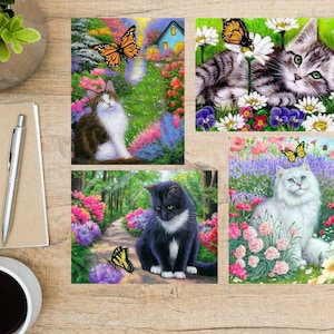 Set di cartoline Gatti e farfalle / 4 cartoline / Cartoncino spesso 130 / Per inviare una cartolina a un amico, un familiare