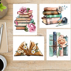 Books and Flowers 2 Postcard Set | 4 Postcards or notecards | 130 Thick Cardstock | For sending a note to a friend, family member