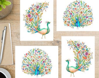 Watercolor Peacocks Postcard Set | 4 Postcards | 130 Thick Cardstock |