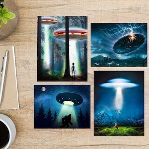 Ensemble de cartes postales d'OVNI… Folklore légendaire | 4 cartes postales | Papier cartonné épais 130 |