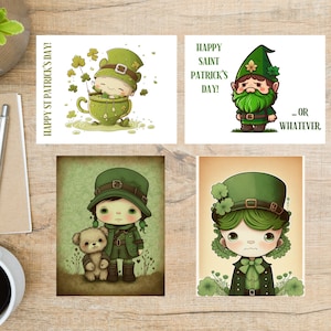 Jeu de cartes postales St Pats étranges | 4 cartes postales | Papier cartonné épais 130 | irlandais, fille, nain, lutin, vert, trèfle à quatre feuilles, patrick, marrant