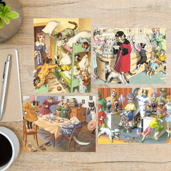 Vintage Cat Prints Postcard Set | 4 Postcards | 130 Thick Cardstock | For sending a postcard to a friend, family member