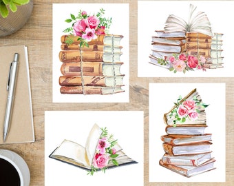 Juego de postales con libros y flores en acuarela / 4 postales / Cartulina gruesa de 130 g / Para enviar una postal a un amigo o familiar