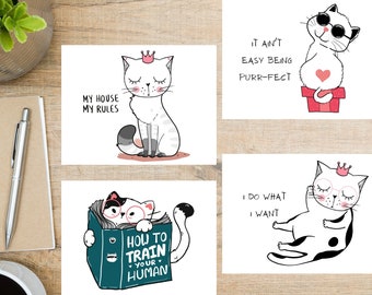 Funny Cat Greetings Postcard Set | 4 Postcards | 130 Thick Cardstock