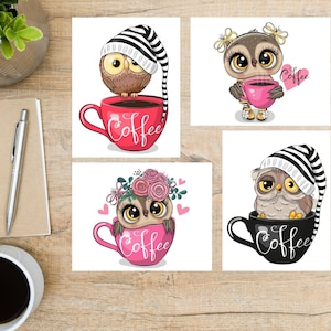 Set de cartes postales hiboux café | 4 cartes postales | Papier cartonné épais 130 | Pour envoyer POSTCROSSING ou une carte postale à un ami, un membre de la famille