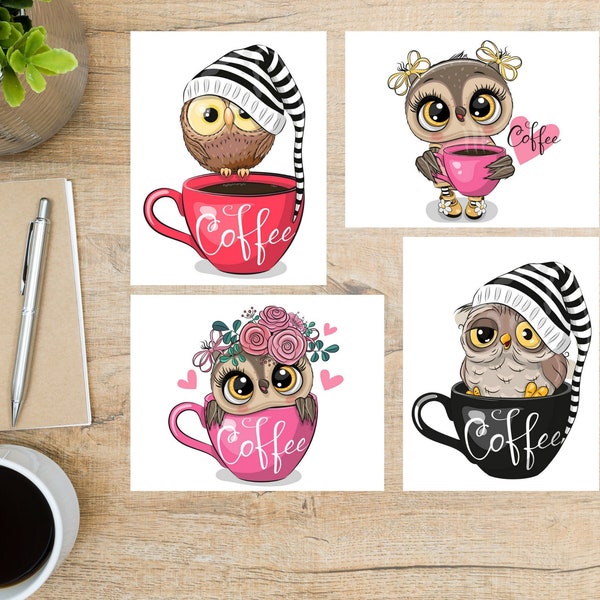 Coffee Owls Postcard Set | 4 Postcards | 130 Thick Cardstock | For sending POSTCROSSING or a postcard to a friend, family member