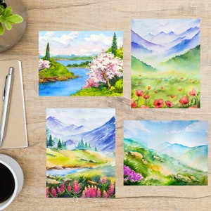 Lot de 2 cartes postales Paysages de printemps | 4 cartes postales | Papier cartonné épais 130 | Pour envoyer POSTCROSSING ou une carte postale à un ami, un membre de la famille
