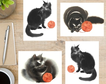 Watercolor Black Cat Fluffy Cat and Yarn Postcard Set | 4 Postcards | 130 Thick Cardstock | cat yarn black cat kitten kitty kitties