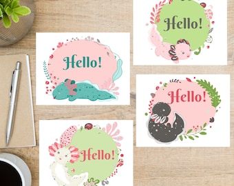 Axolotl Hello Postcard Set | 4 Postcards | 130 Thick Cardstock | For sending a postcard to a friend