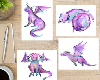 Watercolor Pink Dragon Postcard Set | 4 Postcards | 130 Thick Cardstock | For snail mail, postcard exchange, and sending a card to friends