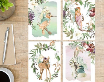 Fairies & Animals Postcard Set | 4 Postcards | 130 Thick Cardstock | Beautiful fairies in their forest home with their animal friends