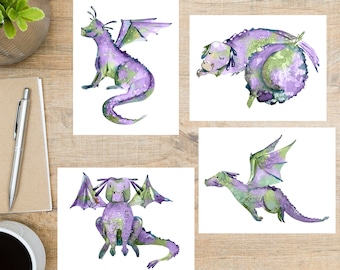 Watercolor Purple Dragon Postcard Set | 4 Postcards | 130 Thick Cardstock | For snail mail, postcard exchange, and sending a card to friends