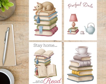 Bookstacks Postcard Set | 4 Postcards | 130 Thick Cardstock | For sending a postcard to a friend, family member