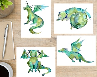 Watercolor Green Dragon Postcard Set | 4 Postcards | 130 Thick Cardstock | For snail mail, postcard exchange, and sending a card to a friend